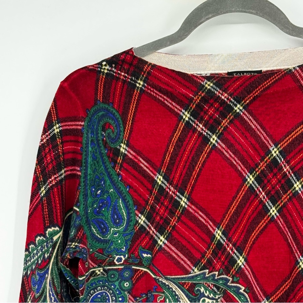 Talbots Size Medium Lightweight 100% Merino Wool Red Plaid/Paisley Sweater - Picture 4 of 11